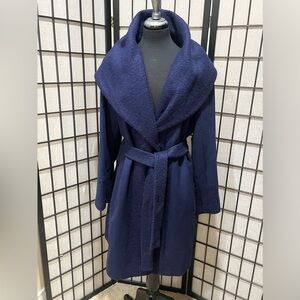 CALVIN KLEIN PREMIUM WOOL BLEND Elegant Navy Belted Coat with Shawl Collar SZ XL